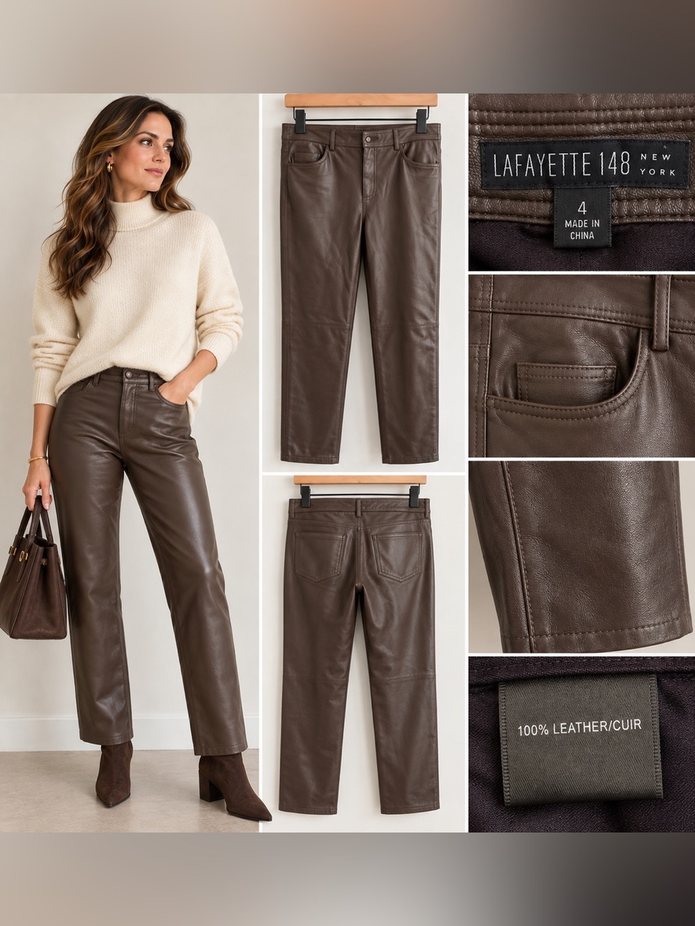 Lafayette 148 New York Brown Leather Straight Leg Pants Size 4